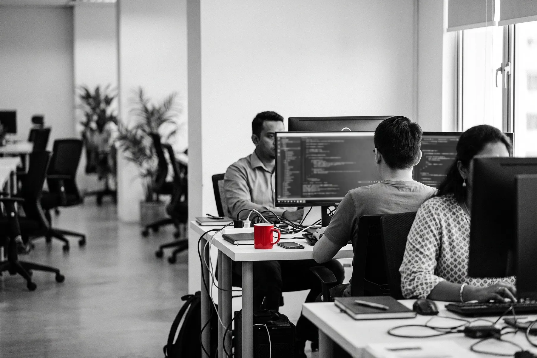 A software team seen from behind working at their monitors
