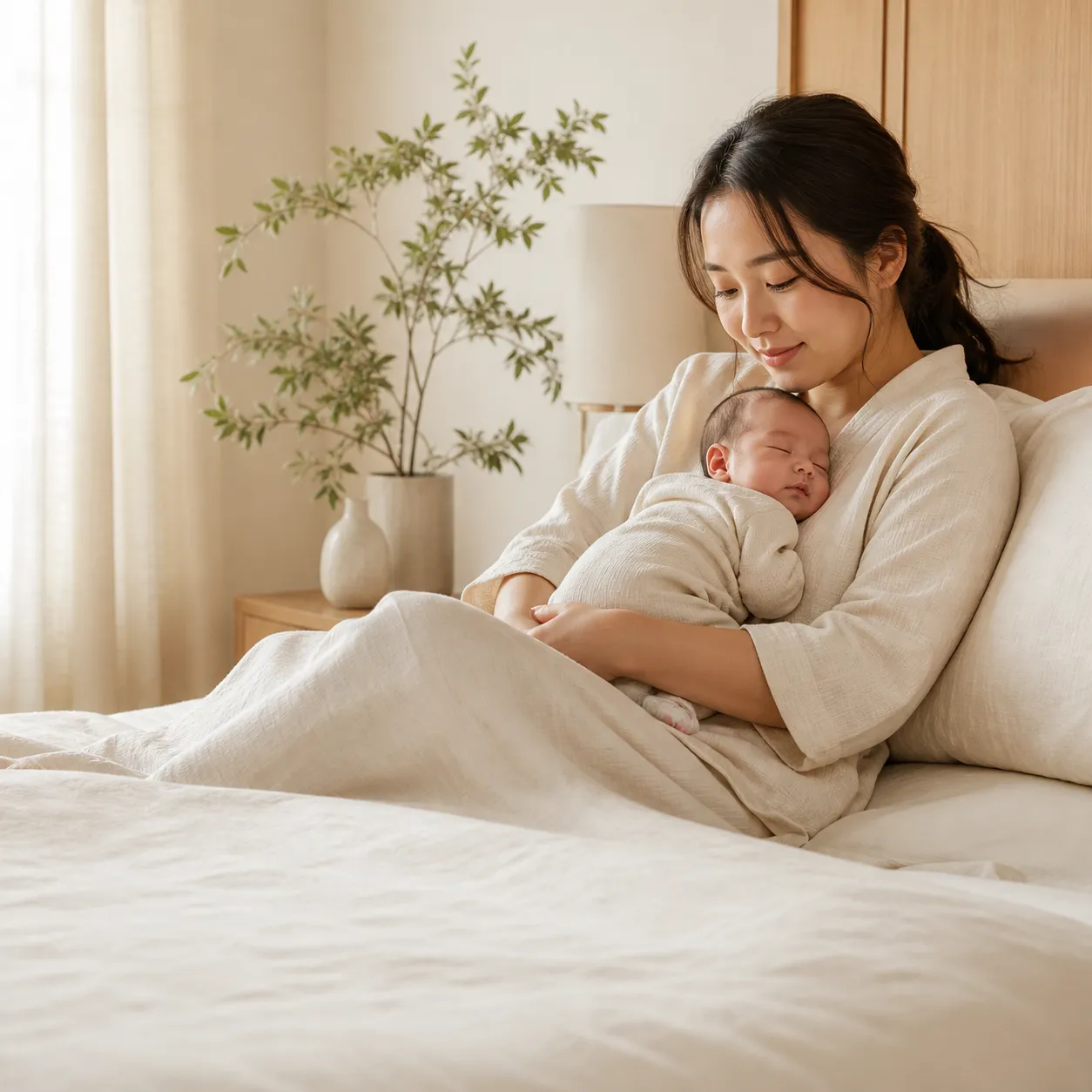 Mother holding her sleeping newborn in a calm home setting