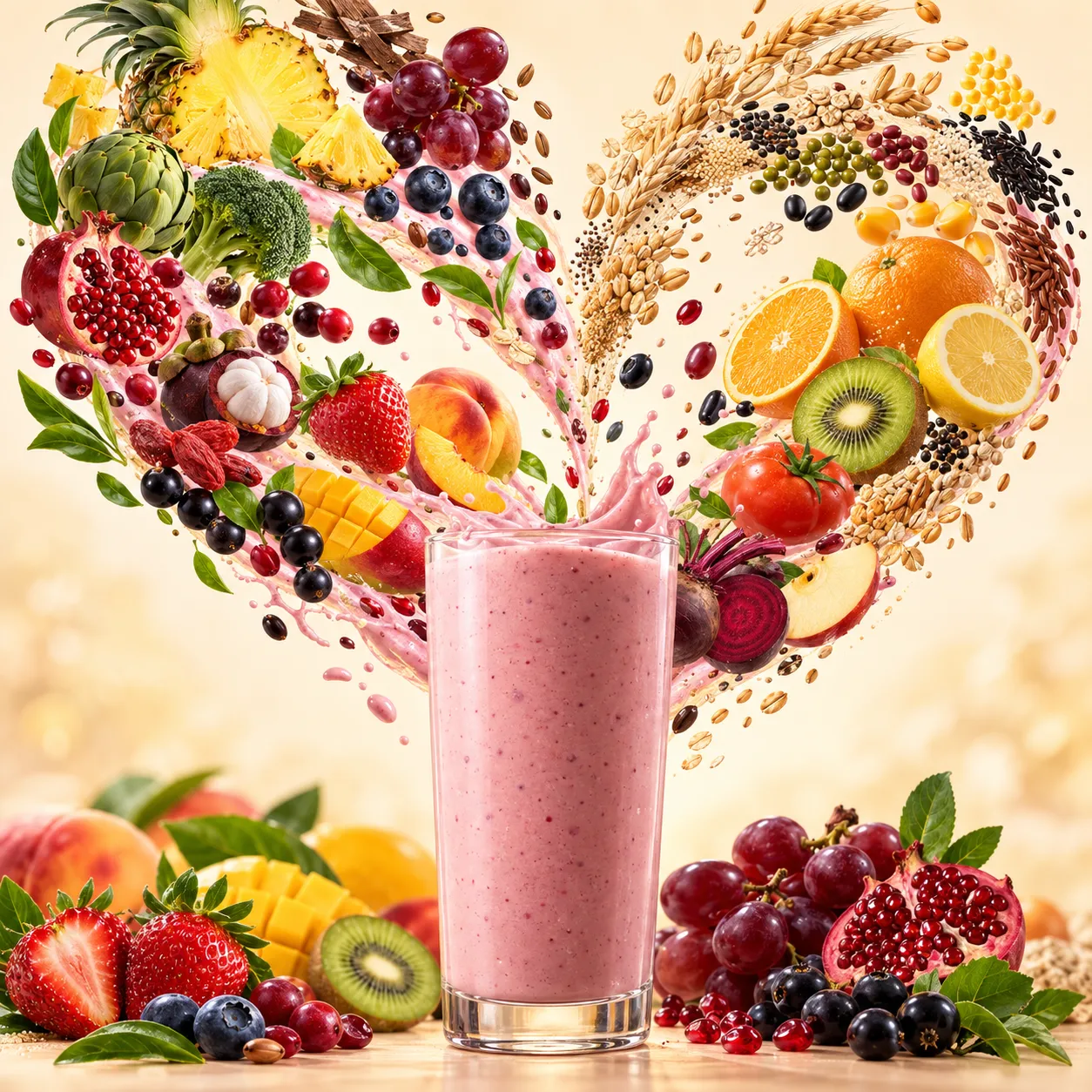 Illustration of fruits, botanicals, grains and seeds sweeping into one creamy berry-pink shake