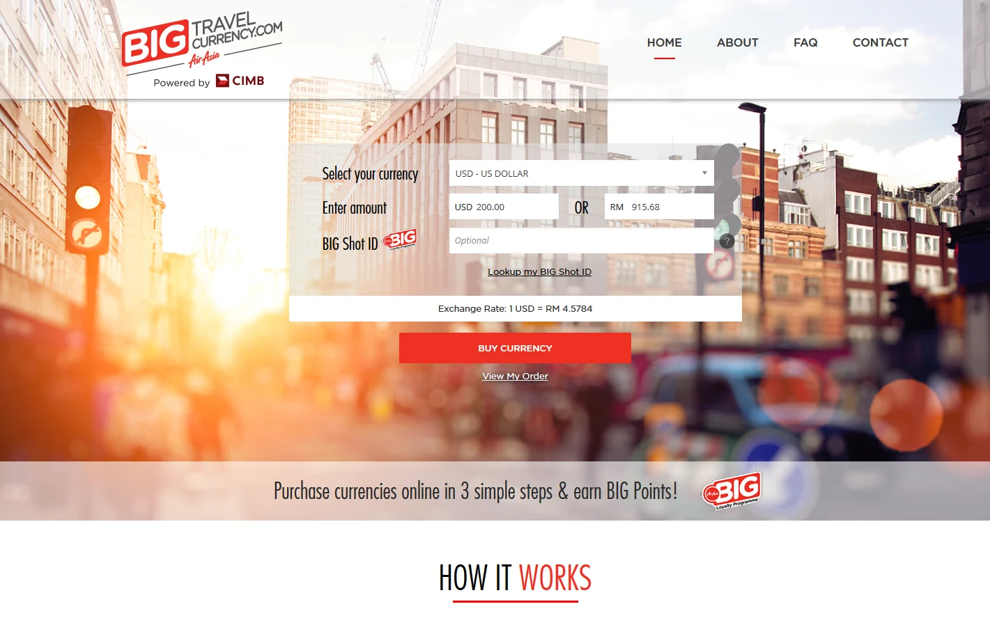BIG Travel Currency home page: pick a currency, enter the amount and buy (illustrative rates)