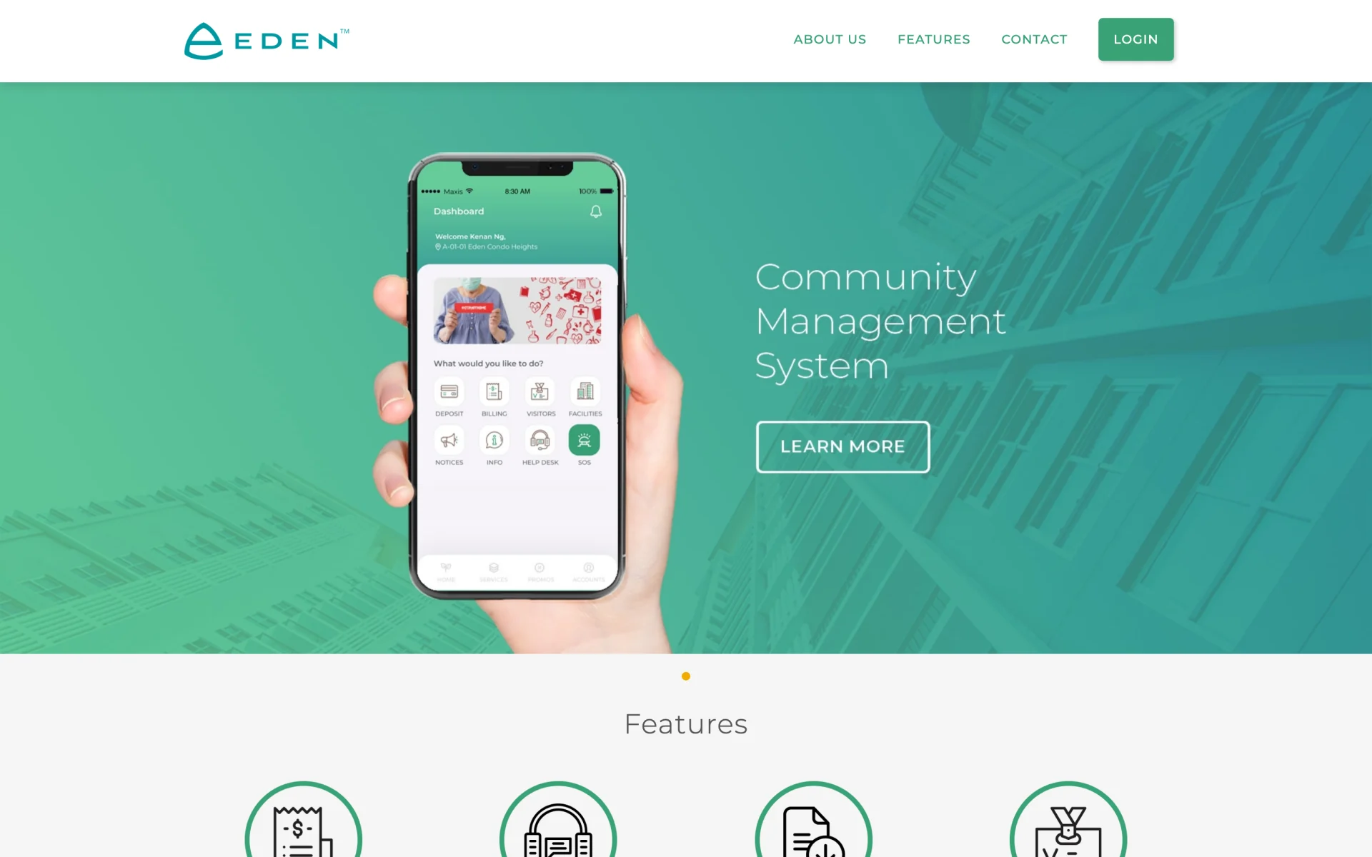 The v2.myedenapp.com homepage: the Eden community app on a phone