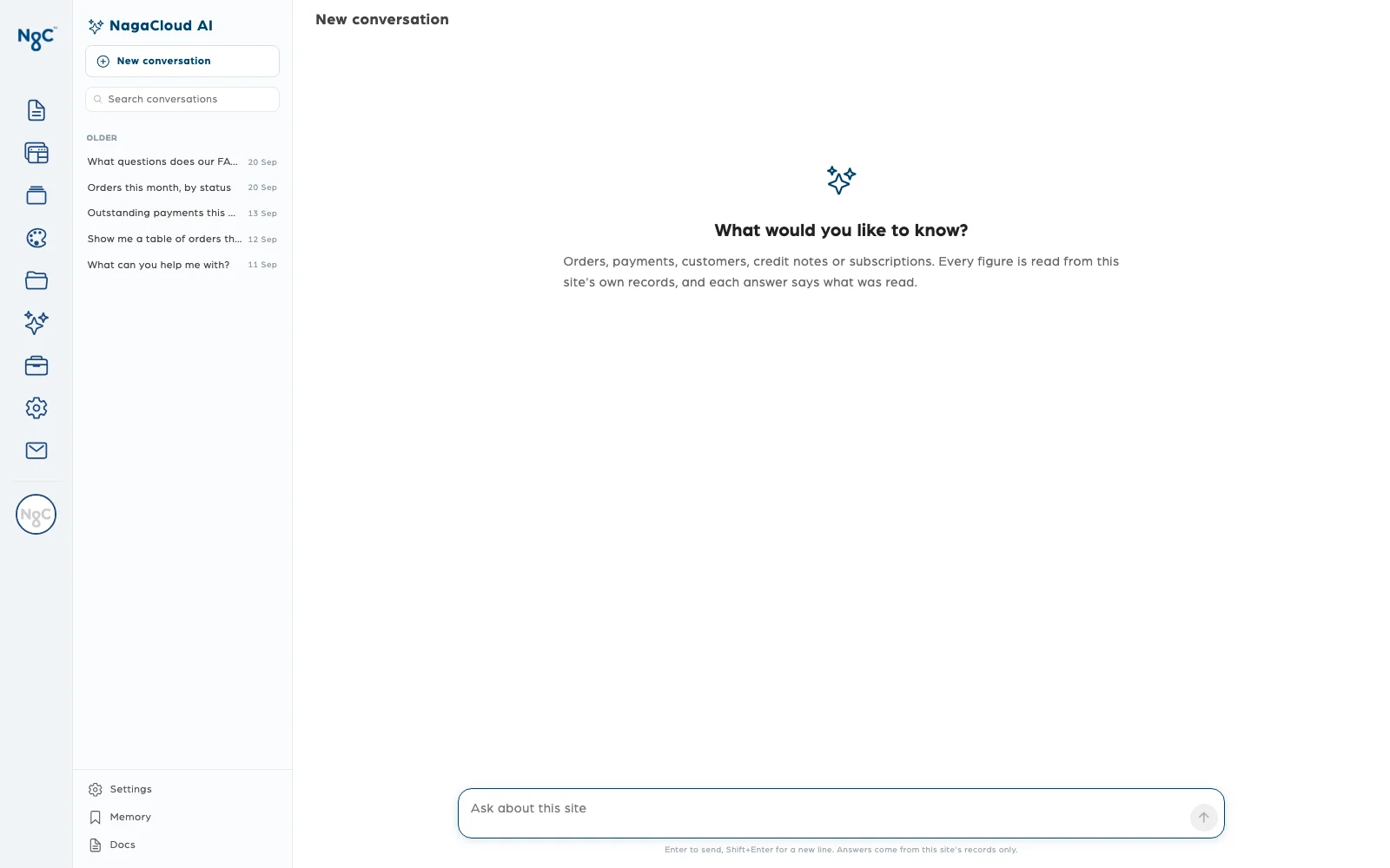 NagaCloud(R) AI inside the console: ask about the site in plain words
