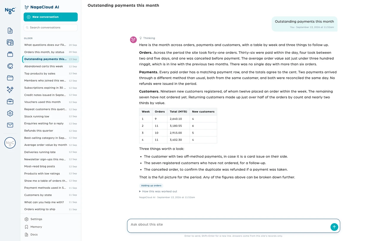 NagaCloud(R) AI in the console answering a question about the month's payments