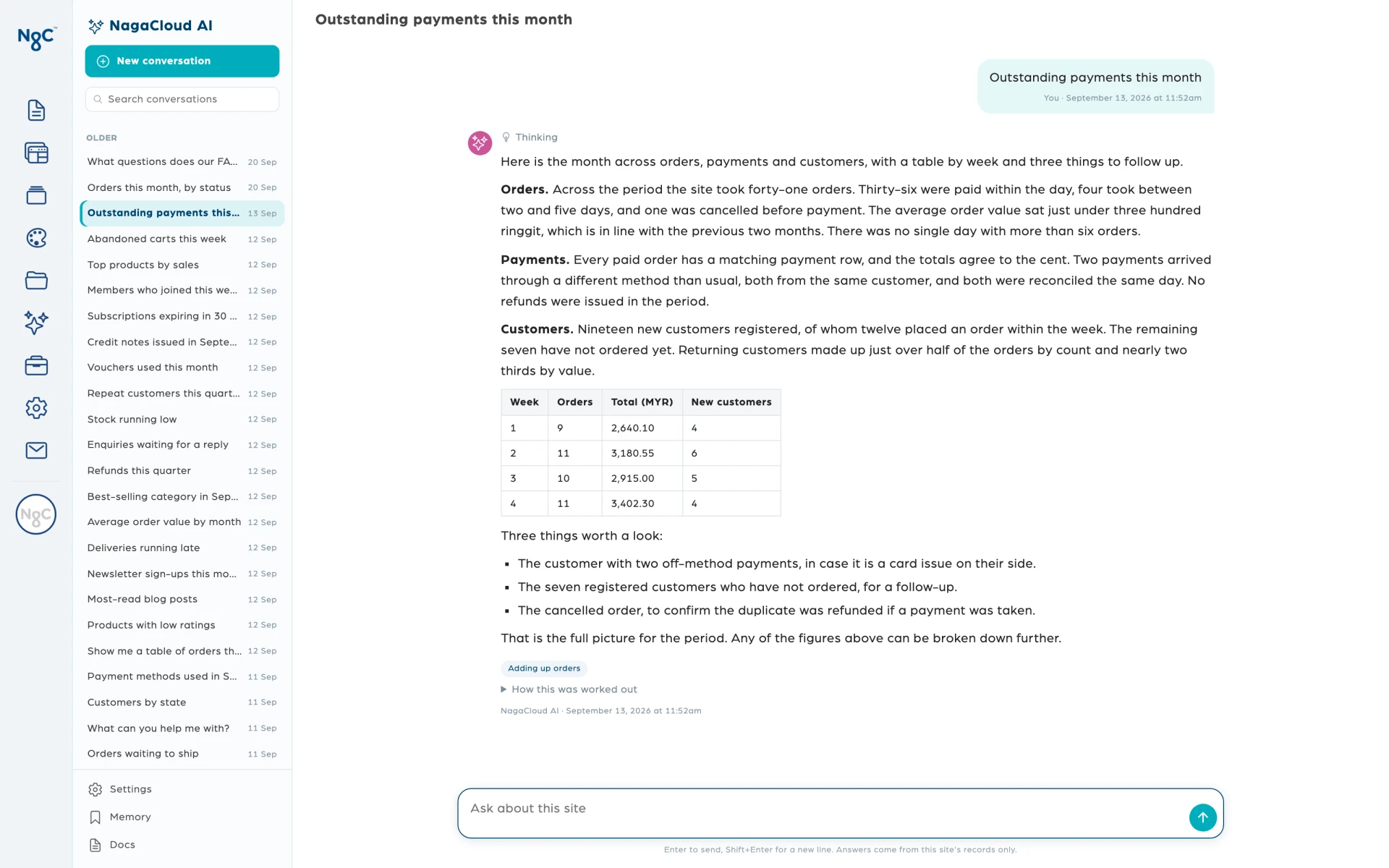 NagaCloud(R) AI in the console answering a question about the month's payments