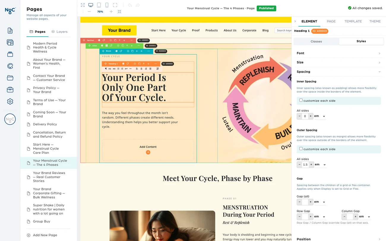 The NagaCloud(R) page builder with a heading selected and its style panel open