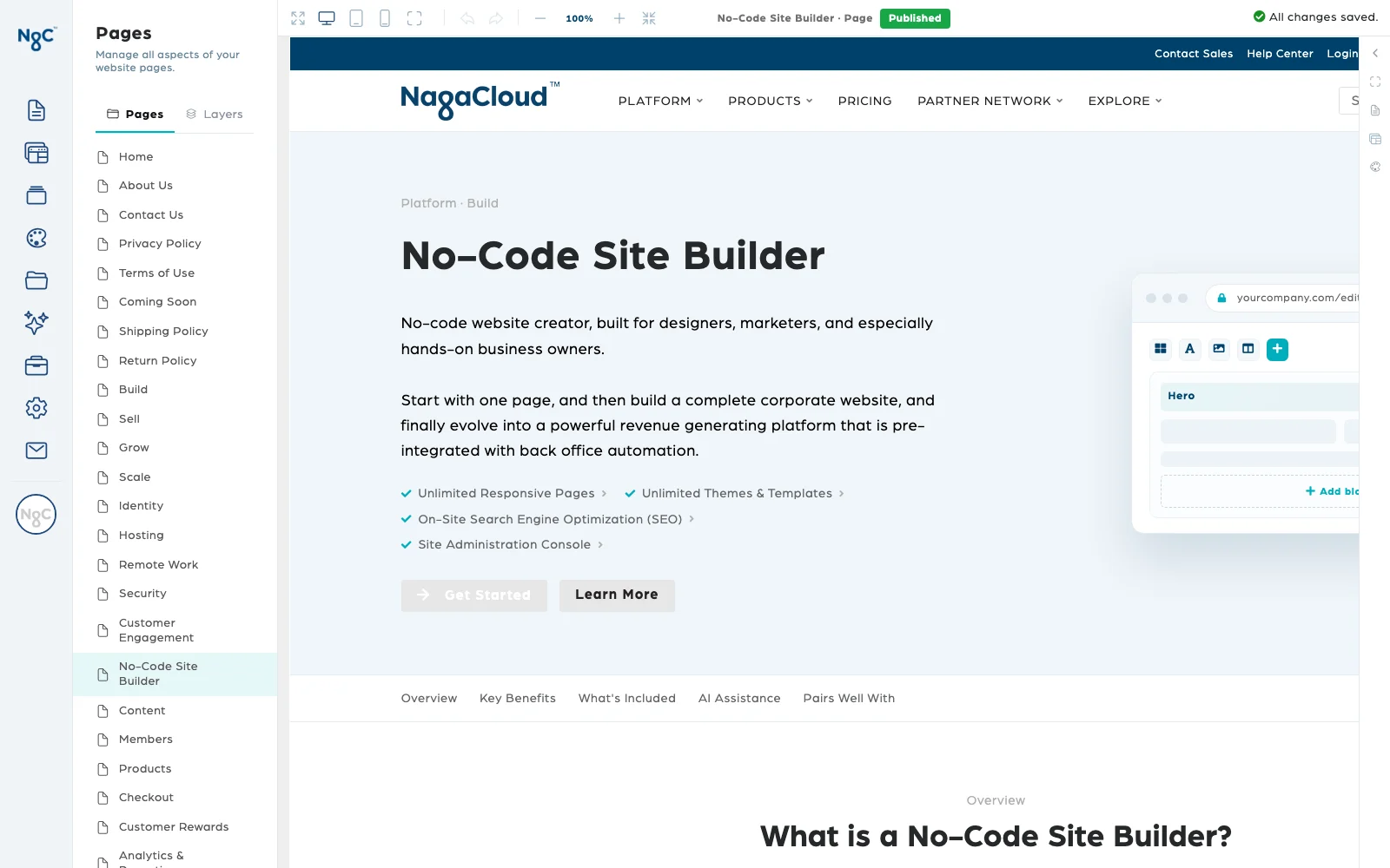 The NagaCloud(R) page builder with a page open for editing