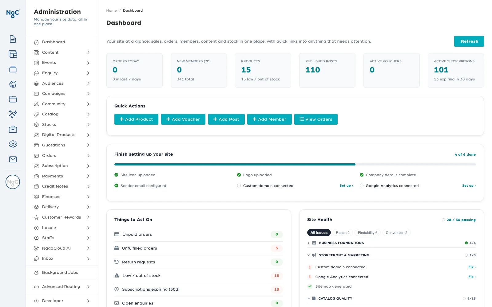 The NagaCloud(R) console dashboard: orders, members, products, posts and subscriptions at a glance
