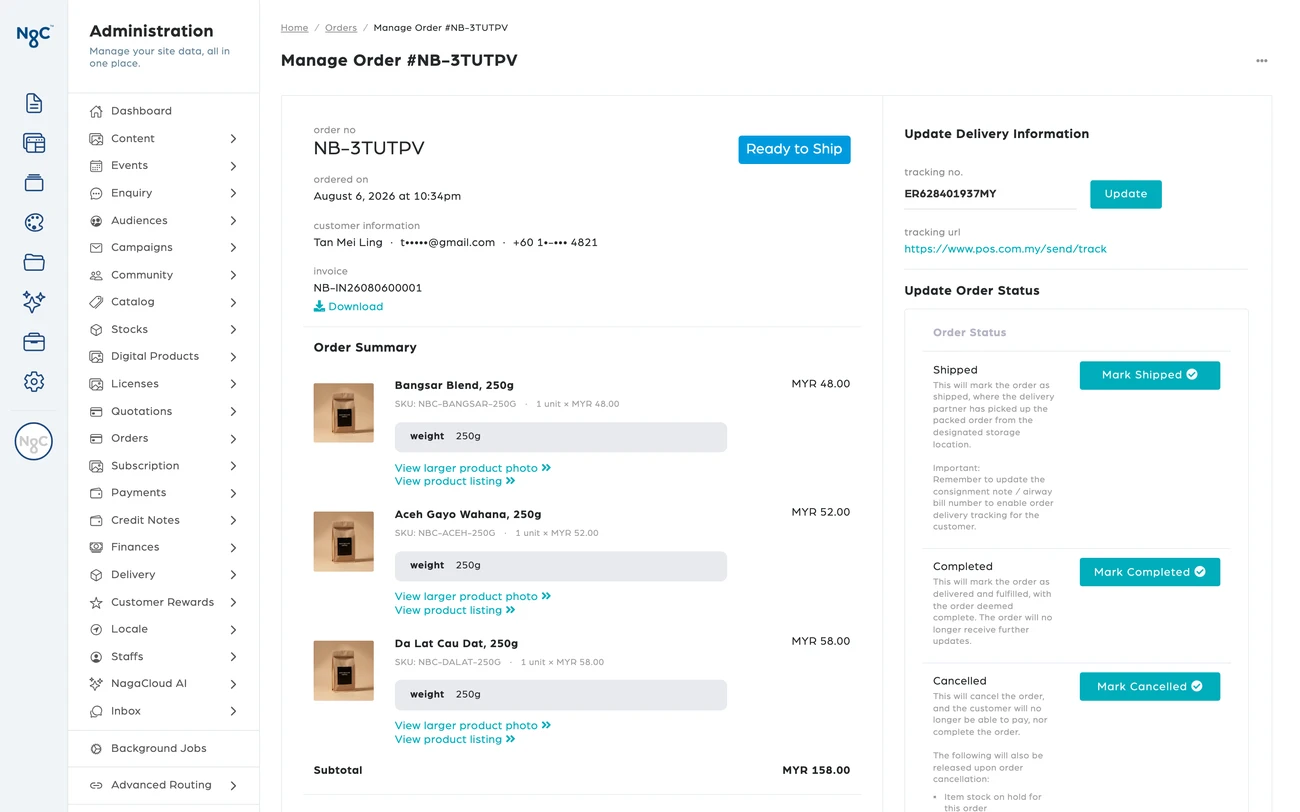 A NagaCloud(R) order at Ready to Ship: items, payment, delivery and tracking on one screen