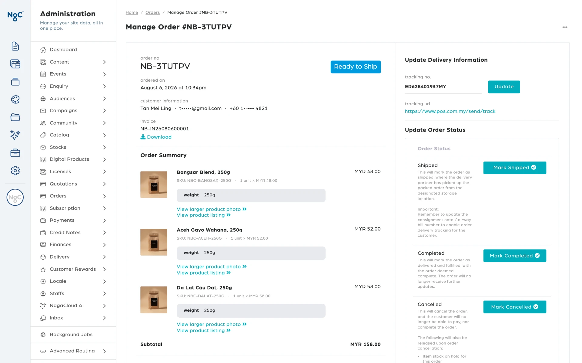 A NagaCloud(R) order at Ready to Ship: items, payment, delivery and tracking on one screen