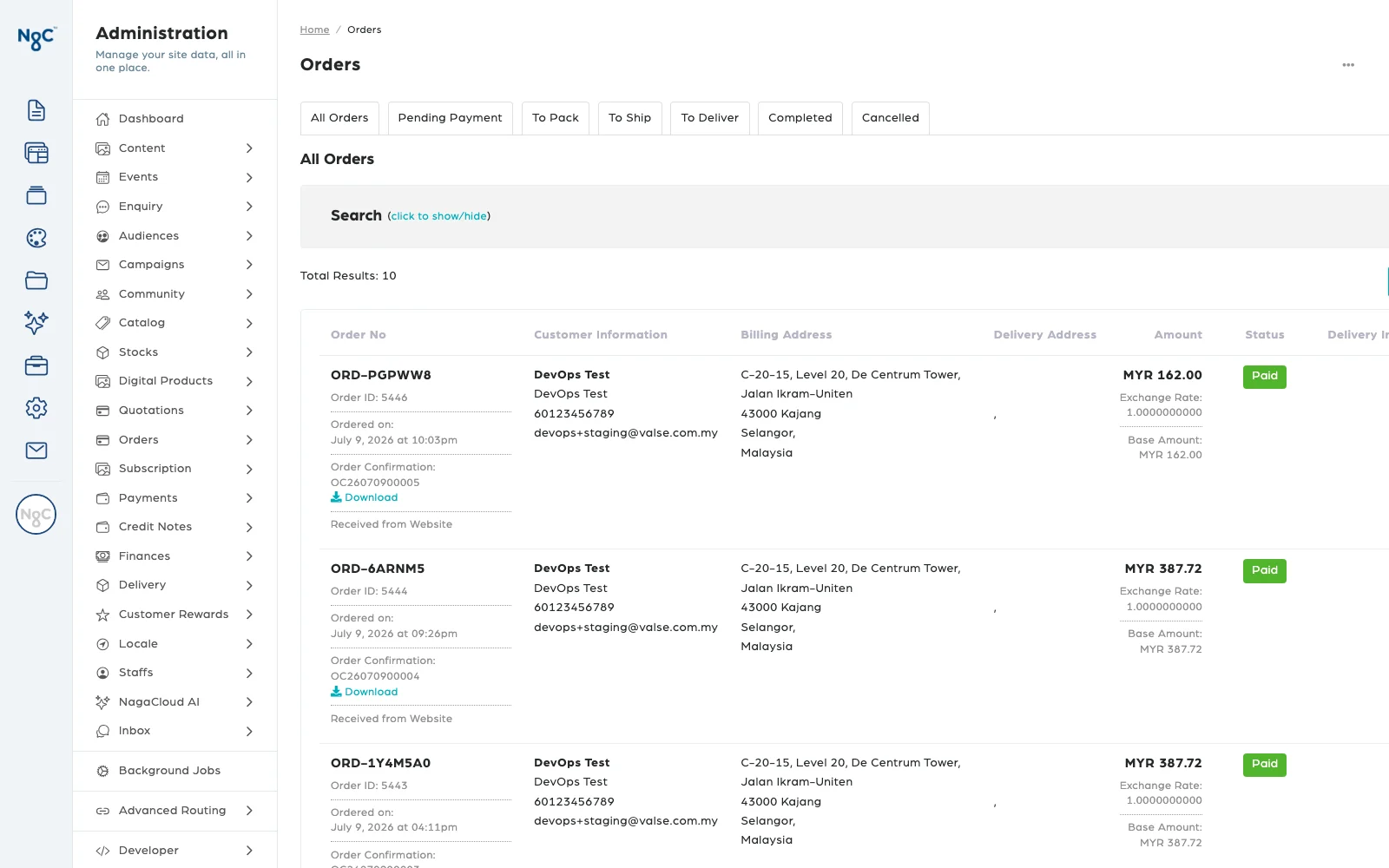 The NagaCloud(R) orders list: each order with its customer, address, amount and status