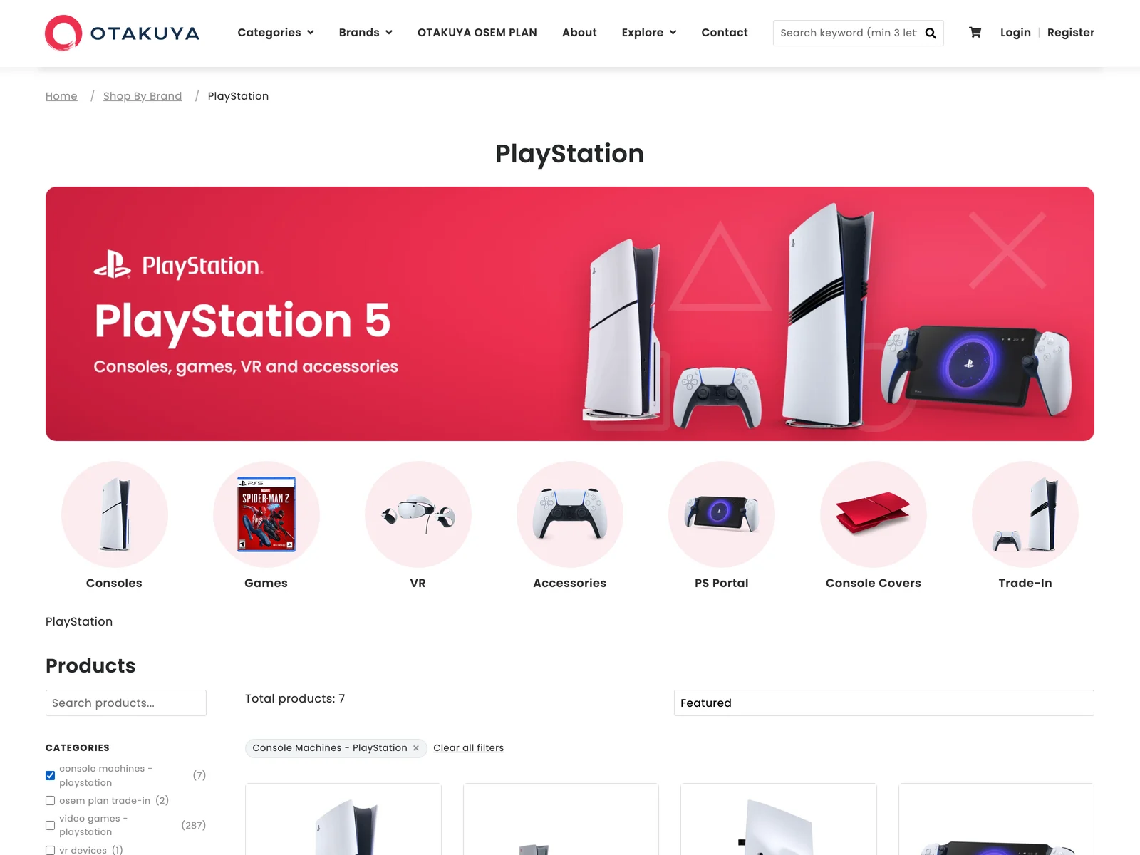 The Otakuya PlayStation brand page: a PlayStation 5 banner, seven round category links and the Console Machines filter ticked