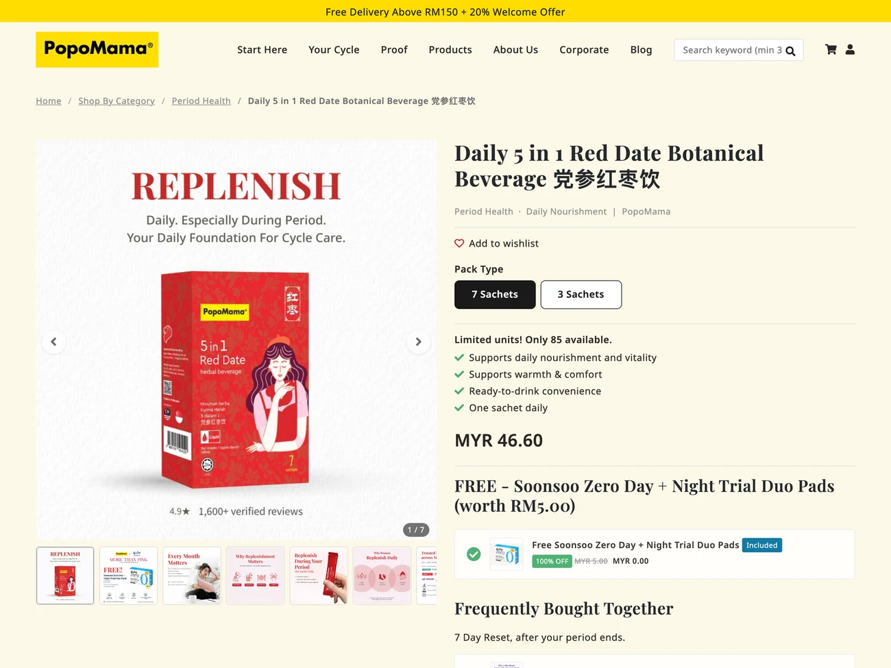 A PopoMama product page: pack types, benefits and price