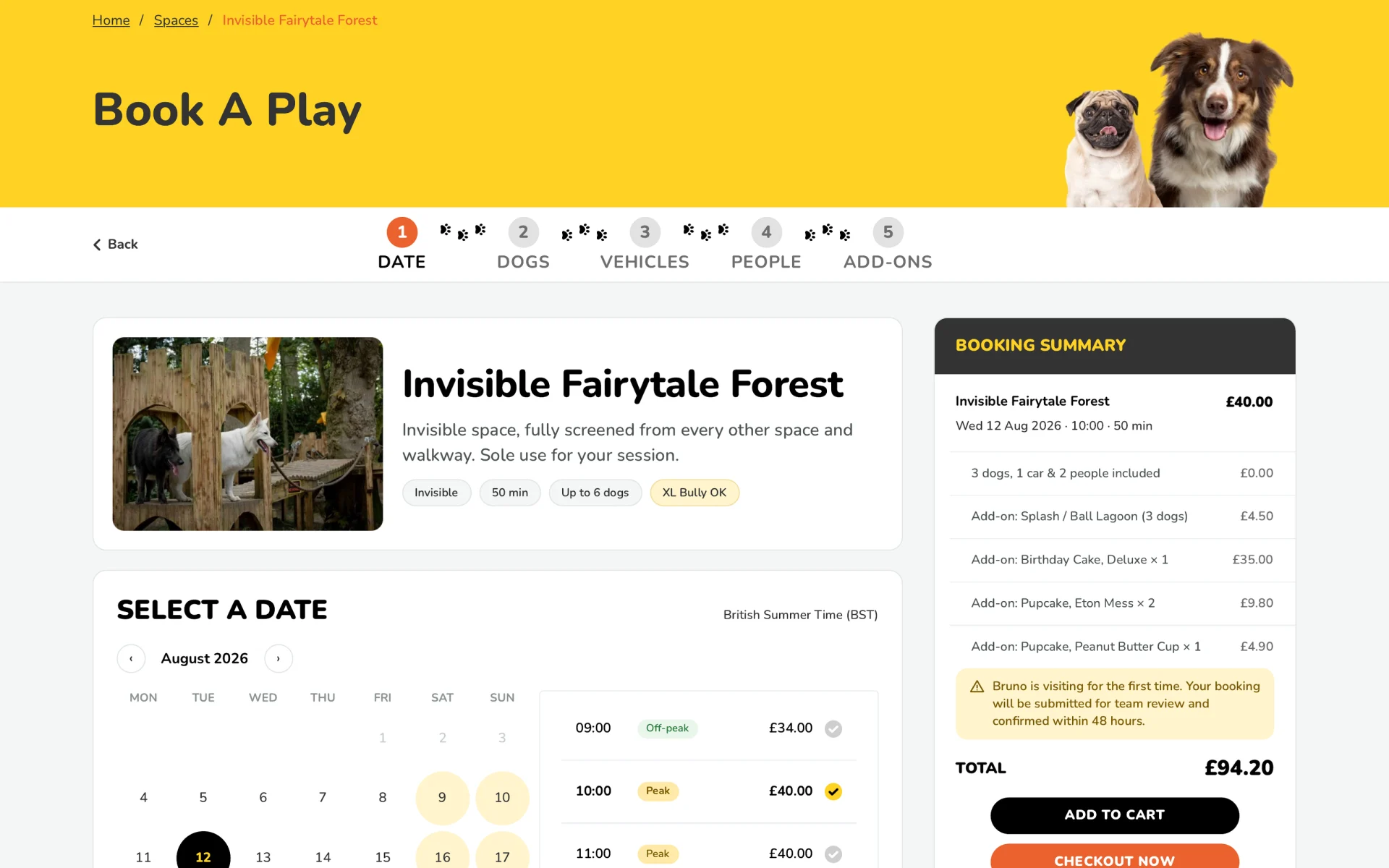 Ross & Friends booking page: a space, the date and time slots, and the booking summary (design, illustrative data)
