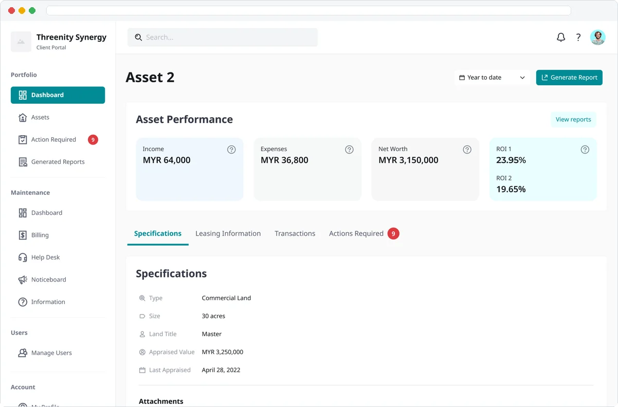Threenity Synergy REMS, the asset view of the client portal (illustrative data)