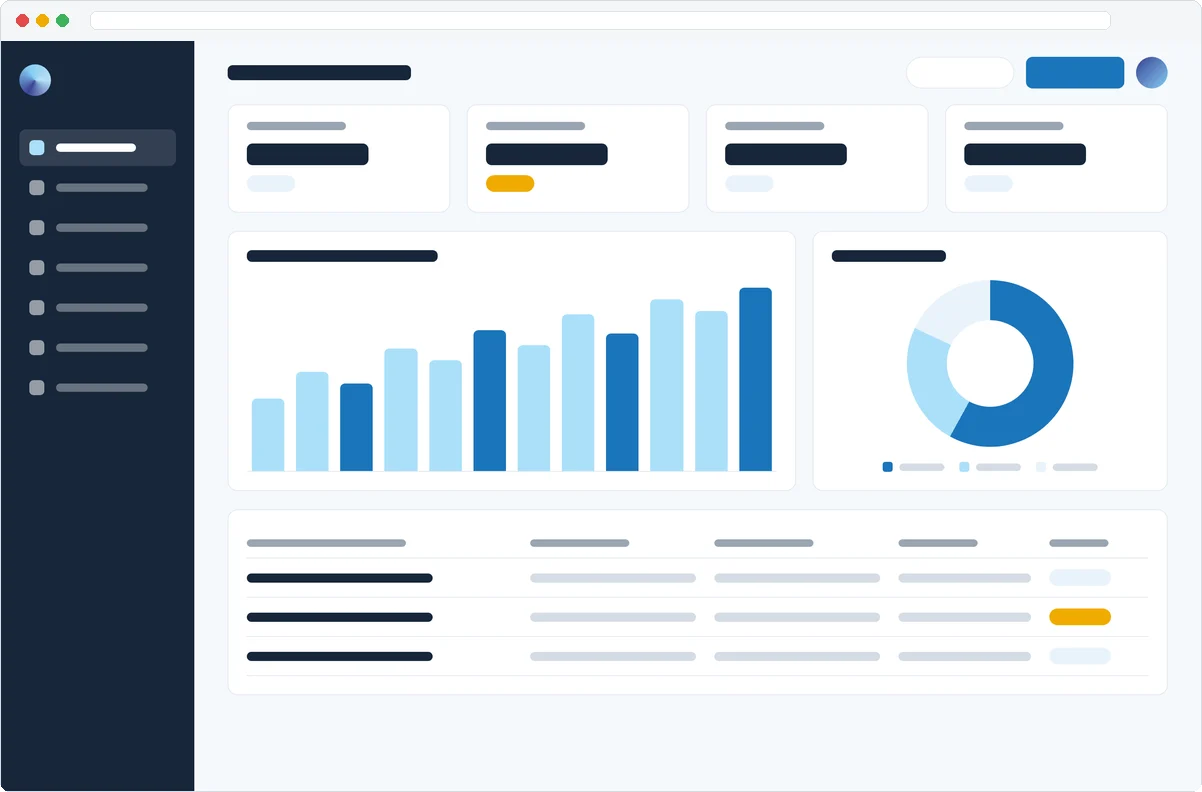 A business platform: dashboard with KPIs, charts and records