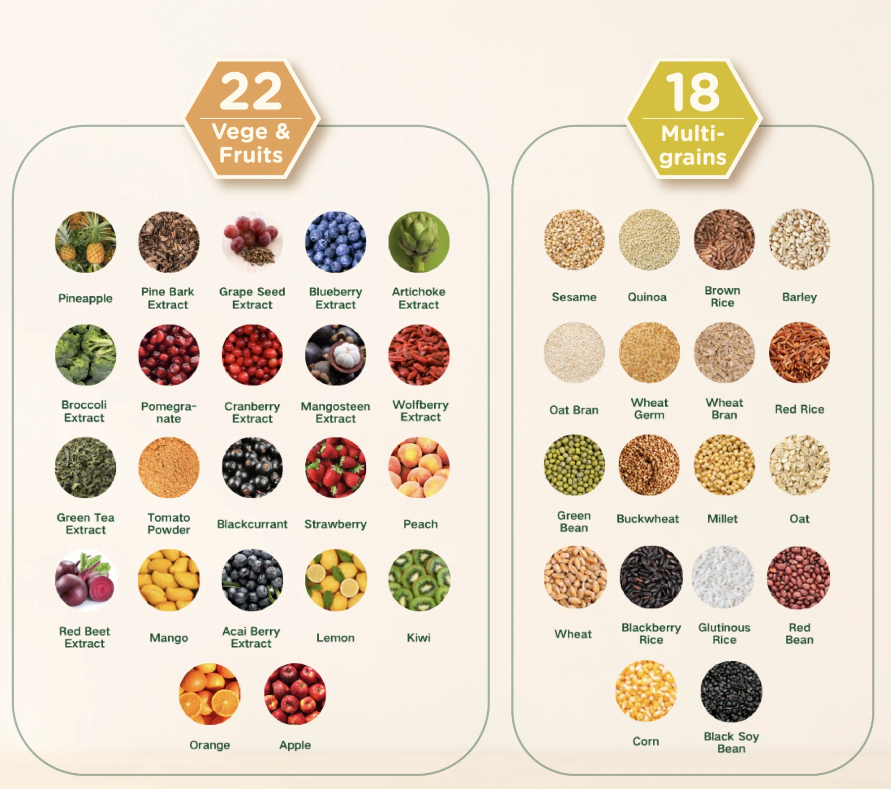 22 fruits and vegetables followed by 18 multigrains, each shown with a circular photograph and name