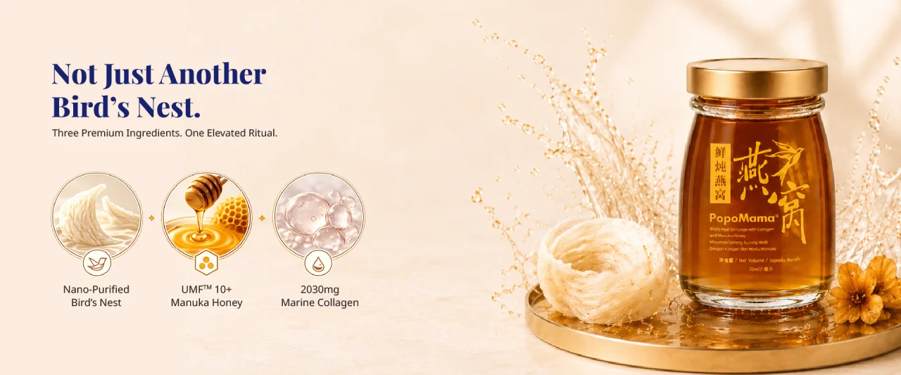 Why Not All Bird's Nest Is Created Equal. Premium Bird's Nest, authentic UMF10+ Manuka Honey, marine collagen peptides.